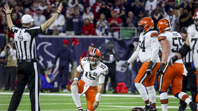 Jan 13, 2024; Houston, Texas, USA; Cleveland Browns quarterback Joe Flacco (15) reacts after being sacked during the fourth quarter in a 2024 AFC wild card game at NRG Stadium. Mandatory Credit: Troy Taormina-USA TODAY Sports