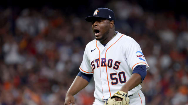 Former Houston Astros reliever Hector Neris reacts after the eighth inning of Game 1 of the ALCS against the Texas Rangers at Minute Maid Park on Oct. 15. The free agent is on the Rangers' radar, according to a report.