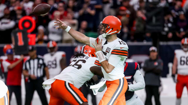 Jan 13, 2024; Houston, Texas, USA: Cleveland Browns quarterback Joe Flacco (15) throws the ball during the first quarter a 2024 AFC wild card game at NRG Stadium.