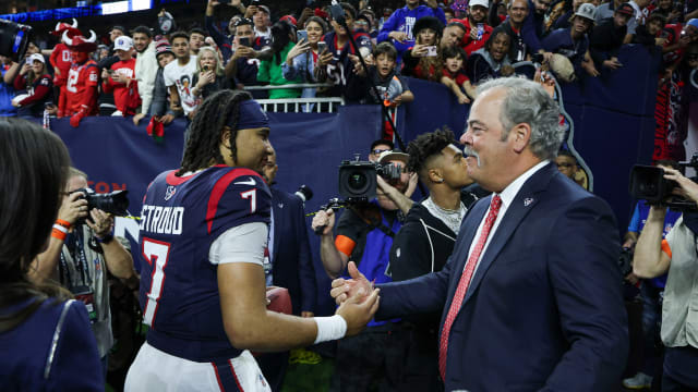 Houston Texans chief executive officer Cal McNair (right) greets quarterback C.J. Stroud (7) after a 2024 AFC wild card game against the Cleveland Browns at NRG Stadium.