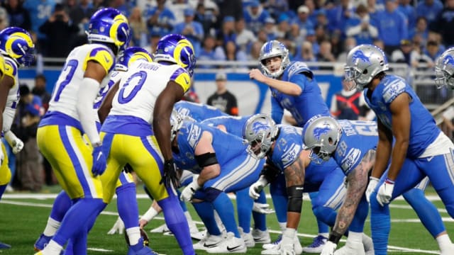 Detroit Lions quarterback Jared Goff calls signals against the Los Angeles Rams.