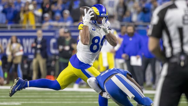 Detroit Lions safety Kerby Joseph tackles Rams tight end Tyler Higbee