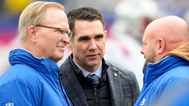 President of the New York Giants, John Mara (left), and New York Giants General Manager, Joe Schoen, speak with New York Giants Head Coach, Brian Daboll, at MetLife Stadium before their team hosts the New England Patriots on Sunday, November 26, 2023.
