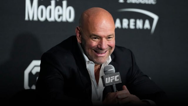 UFC CEO Dana White speaking to media members during a press conference.