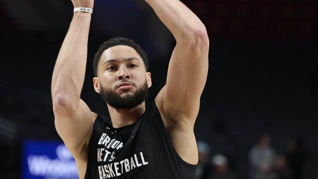 Brooklyn Nets guard Ben Simmons (10) shoots a basket during warm-ups before a game against the Portland Trail Blazers