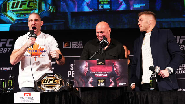 Sean Strickland, Dricus Du Plessis, and Dana White during the final pre-fight UFC 297 press conference.