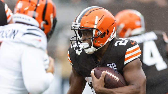 Sep 10, 2023; Cleveland, Ohio, USA; Cleveland Browns running back Nick Chubb (24) runs the ball against the Cincinnati Bengals during the first quarter at Cleveland Browns Stadium.