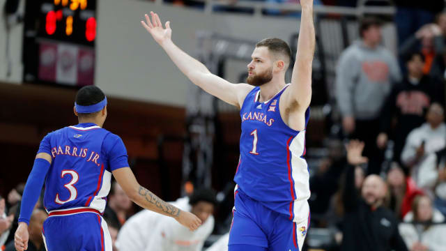 Kansas Jayhawks center Hunter Dickinson (1) celebrates after a basket during a college basketball game between the Oklahoma State University Cowboys (OSU) and the Kansas Jayhawks at Gallagher-Iba Arena in Stillwater, Okla., Tuesday, Jan. 16, 2024.  