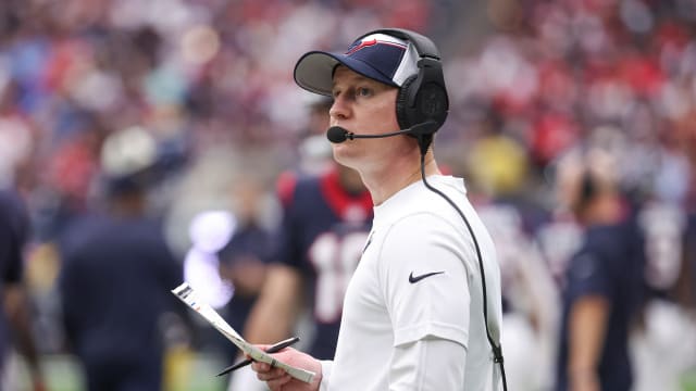 Dec 31, 2023; Houston, Texas, USA; Houston Texans offensive coordinator Bobby Slowik on the sideline during the game against the Tennessee Titans at NRG Stadium.