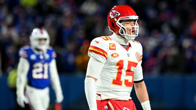 Jan 21, 2024; Orchard Park, New York, USA; Kansas City Chiefs quarterback Patrick Mahomes (15) reacts against the Buffalo Bills in the second half of the 2024 AFC divisional round game at Highmark Stadium.
