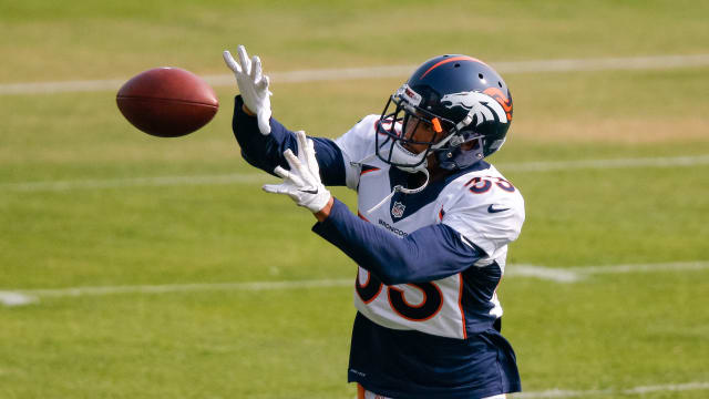 Aug 21, 2020; Englewood, Colorado, USA; Denver Broncos safety Alijah Holder (33) catches a pass during training camp at the UCHealth Training Center. Mandatory Credit: Isaiah J. Downing-USA TODAY Sports