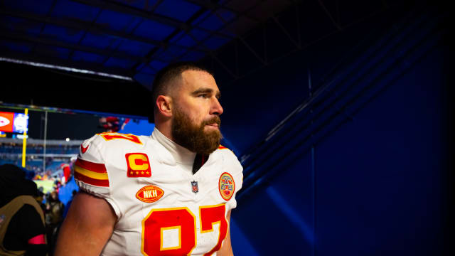 Jan 21, 2024; Orchard Park, New York, USA; Kansas City Chiefs tight end Travis Kelce (87) against the Buffalo Bills in the 2024 AFC divisional round game at Highmark Stadium. Mandatory Credit: Mark J. Rebilas-USA TODAY Sports  