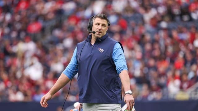 Dec 31, 2023; Houston, Texas, USA; Tennessee Titans head coach Mike Vrabel reacts after a play during the first quarter against the Houston Texans at NRG Stadium.