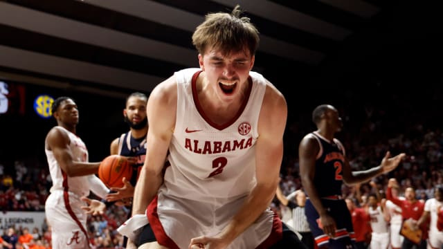 Alabama Crimson Tide forward Grant Nelson (2) reacts after a basket against the Auburn Tigers during the second half at Coleman Coliseum.