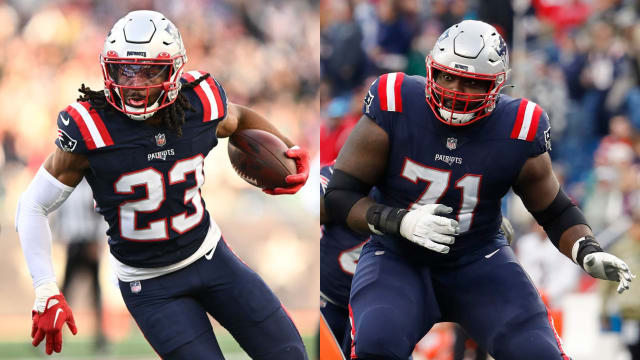 New England Patriots S Kyle Dugger (23) and OL Mike Onwenu (71)