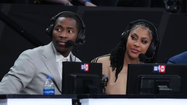 Jamal Crawford and Candace Parker call the game for TNT during the 2023 NBA All Star Rising Stars Game at Vivint Arena. 