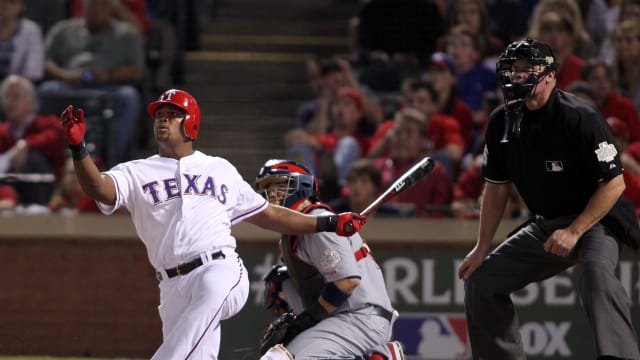 Former Texas Rangers third baseman Adrian Beltre, seen here hitting a home run in the sixth inning of Game 5 of the 2011 World Series, was elected to the National Baseball Hall of Fame on Tuesday. Beltre credited his Rangers teammates that season for welcoming him in the clubhouse and allowing him to rediscover his love of the game.