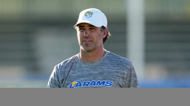 Jul 26, 2023; Irvine, CA, USA; Los Angeles Rams quarterbacks coach Zac Robinson during training camp at UC Irvine.