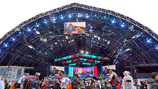 Apr 29, 2021; Cleveland, Ohio, USA; An overall view of the stage before the 2021 NFL Draft at First Energy Stadium. Mandatory Credit: Kirby Lee-USA TODAY Sports