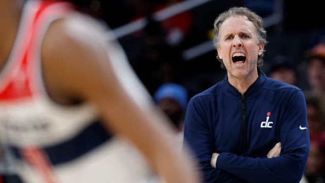 Jan 25, 2024; Washington, District of Columbia, USA; Washington Wizards interim head coach Brian Keefe yells from the bench against the Utah Jazz in the second half at Capital One Arena. Mandatory Credit: Geoff Burke-USA TODAY Sports