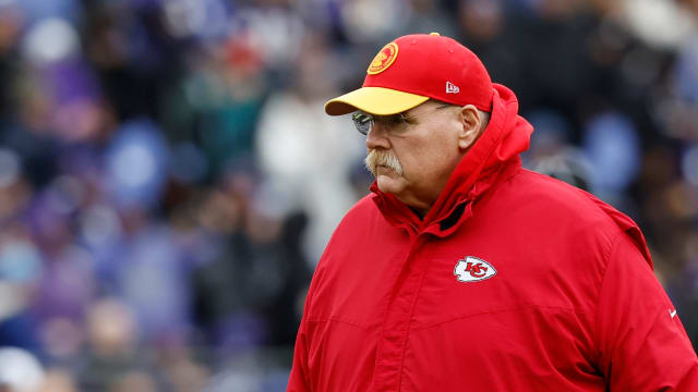 Jan 28, 2024; Baltimore, Maryland, USA; Kansas City Chiefs head coach Andy Reid looks on from the field prior to the AFC Championship football game against the Baltimore Ravens at M&T Bank Stadium. Mandatory Credit: Geoff Burke-USA TODAY Sports  