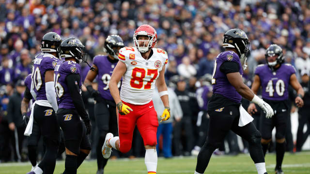 Jan 28, 2024; Baltimore, Maryland, USA; Kansas City Chiefs tight end Travis Kelce (87) celebrates after scoring a touchdown against the Baltimore Ravens during the first half in the AFC Championship football game at M&T Bank Stadium. Mandatory Credit: Geoff Burke-USA TODAY Sports  