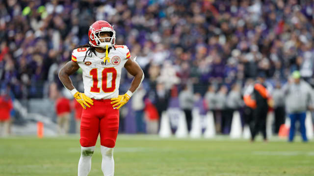 Jan 28, 2024; Baltimore, Maryland, USA; Kansas City Chiefs running back Isiah Pacheco (10) looks on from the field during a stoppage in play in the first half in the AFC Championship football game against the Baltimore Ravens at M&T Bank Stadium. Mandatory Credit: Geoff Burke-USA TODAY Sports  