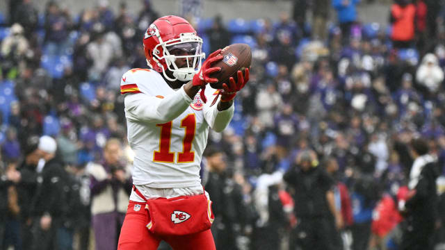 Jan 28, 2024; Baltimore, Maryland, USA; Kansas City Chiefs wide receiver Marquez Valdes-Scantling (11) warms up prior to the AFC Championship football game against the Baltimore Ravens at M&T Bank Stadium. Mandatory Credit: Tommy Gilligan-USA TODAY Sports  