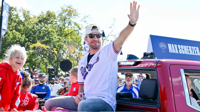 Texas Rangers starting pitcher Max Scherzer during the World Series championship parade at Globe Life Field.
