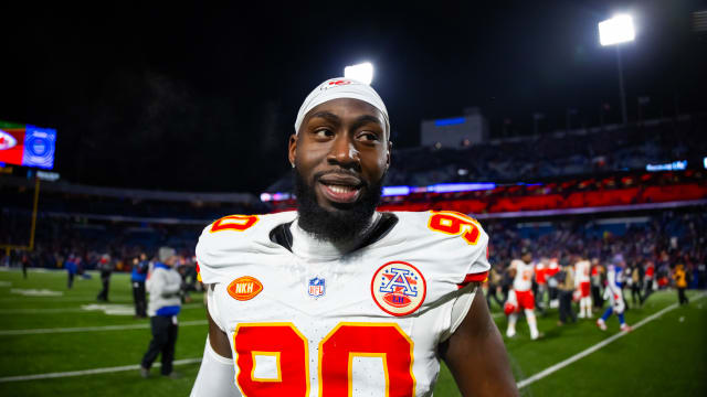 Jan 21, 2024; Orchard Park, New York, USA; Kansas City Chiefs defensive end Charles Omenihu (90) against the Buffalo Bills in the 2024 AFC divisional round game at Highmark Stadium. Mandatory Credit: Mark J. Rebilas-USA TODAY Sports  