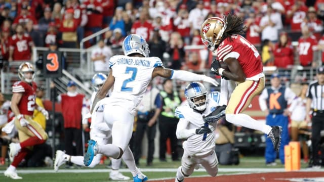 Detroit Lions defensive backs Ceedy Duce and Cam Sutton try to contest a touchdown catch by San Francisco 49ers receiver Brandon Aiyuk.