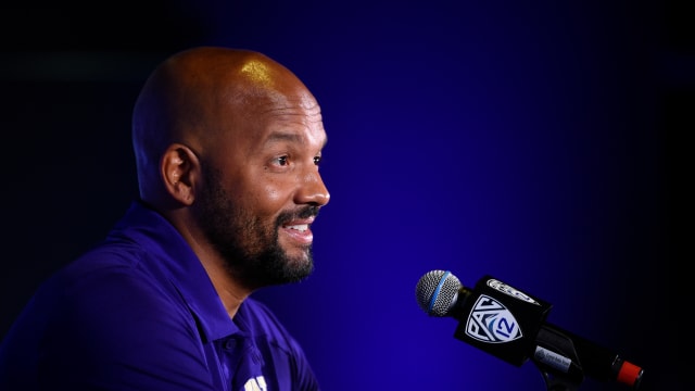 Jul 27, 2021; Hollywood, CA, USA; Washington Huskies head coach Jimmy Lake speaks with the media during the Pac-12 football Media Day at the W Hollywood.