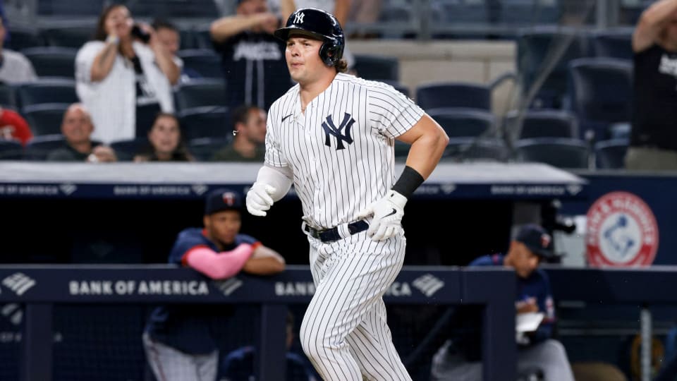 Aug 20, 2021; Bronx, New York, USA; New York Yankees first baseman Luke Voit (59) scores after hitting a solo home run during the seventh inning against the Minnesota Twins at Yankee Stadium.