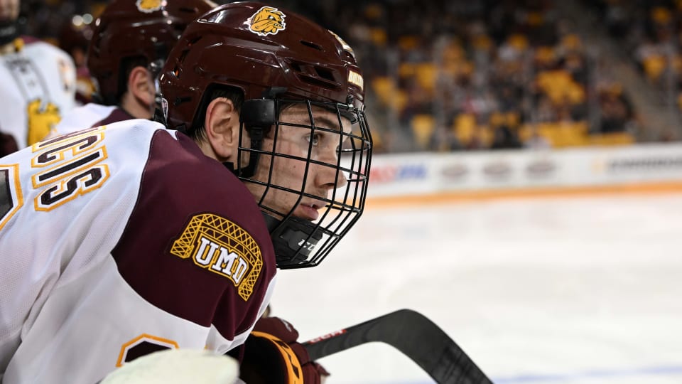 Defenseman Will Francis on the ice with the University of Minnesota-Duluth hockey team.