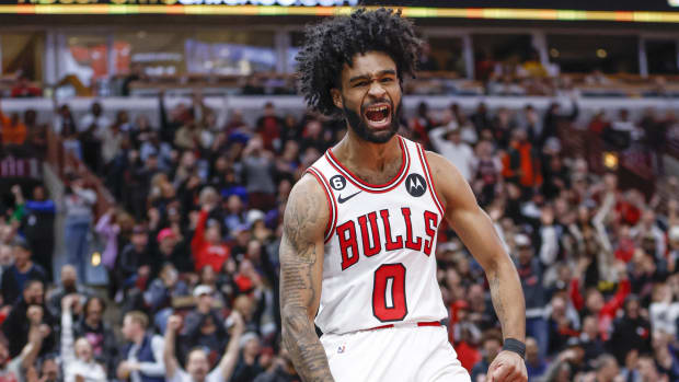 Chicago Bulls guard Coby White (0) reacts after scoring against the Memphis Grizzlies during the second half at United Center