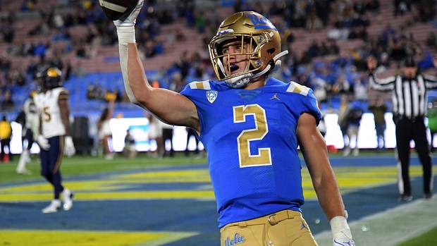 UCLA Bruins wide receiver Kyle Philips (2) celebrates after catching a touchdown pass against the California Golden Bears in the second half at the Rose Bowl.