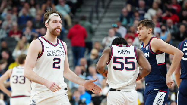 Mar 25, 2023; Las Vegas, NV, USA; Gonzaga Bulldogs forward Drew Timme (2) reacts against the Connecticut Huskies during the second half in the NCAA tournament West Regional final at T-Mobile Arena. Mandatory Credit: Stephen R. Sylvanie-USA TODAY Sports