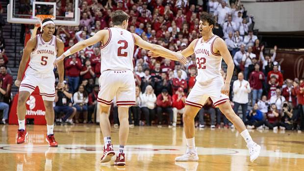 Indiana Hoosiers guard Trey Galloway (32) celebrates a basket in the first half against the Kansas Jayhawks at Simon Skjodt Assembly Hall.