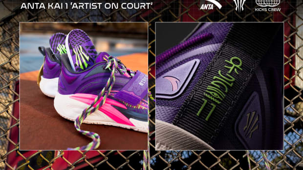 Side view of Kyrie Irving's purple and black ANTA sneakers.