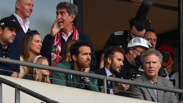 Actor Will Ferrell pictured (front right) at Wembley Stadium in May 2022 during the FA Trophy final between Wrexham AFC and Bromley