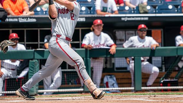 Stanford Cardinal designated hitter Tommy Troy hits a single during the first inning against the Arkansas Razorbacks at Charles Schwab Field. (2022)