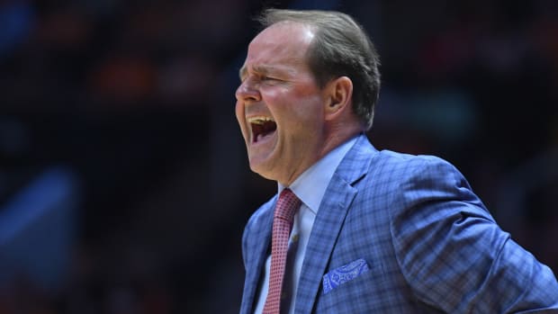 Mississippi Rebels head coach Kermit Davis reacts during the first half against the Tennessee Volunteers at Thompson-Boling Arena. Mandatory Credit: Randy Sartin-USA TODAY Sports