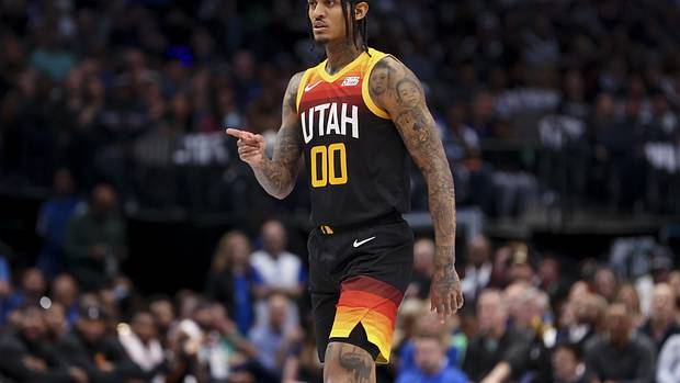 Utah Jazz guard Jordan Clarkson (00) reacts against the Dallas Mavericks during the second quarter in game two of the first round of the 2022 NBA playoffs at American Airlines Center.
