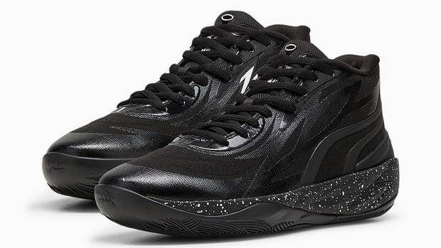 Side view of LaMelo Ball's black PUMA shoes.