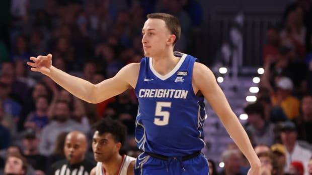 Creighton Bluejays guard Alex O'Connell (5) reacts against the Kansas Jayhawks during the second round of the 2022 NCAA Tournament at Dickies Arena.