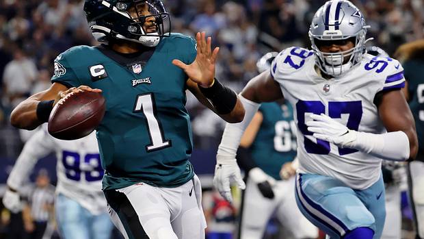 Jalen Hurts struggled most of Monday night against the Cowboys defense