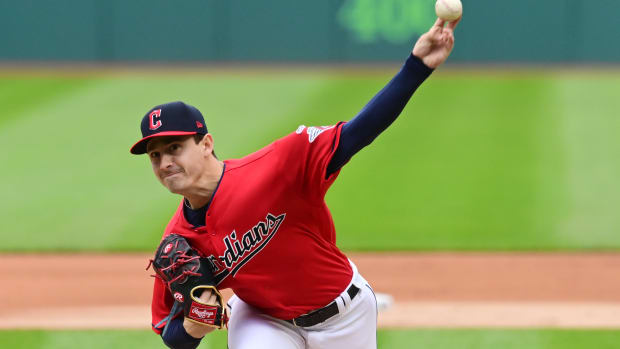 Apr 23, 2023; Cleveland, Ohio, USA; Cleveland Guardians pitcher Logan Allen (41) throws a pitch during the first inning against the Miami Marlins at Progressive Field. Mandatory Credit: Ken Blaze-USA TODAY Sports