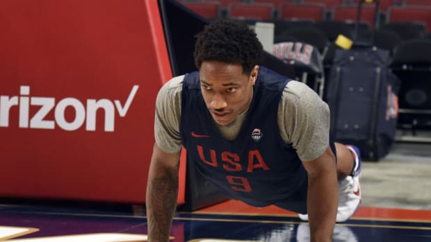 USA guard DeMar DeRozan (9) during practice at the United Center.