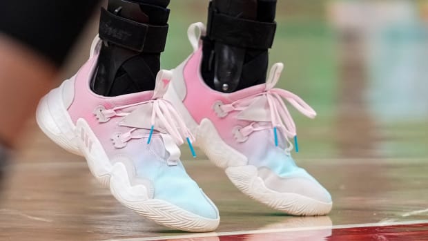 Hawks guard Trae Young wears the Adidas Trae Young 1 'Icee Cotton Candy' sneakers against the Miami Heat on January 21, 2022.