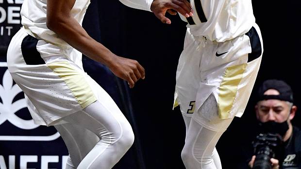 Isaiah Thompson reacts after scoring a basket.